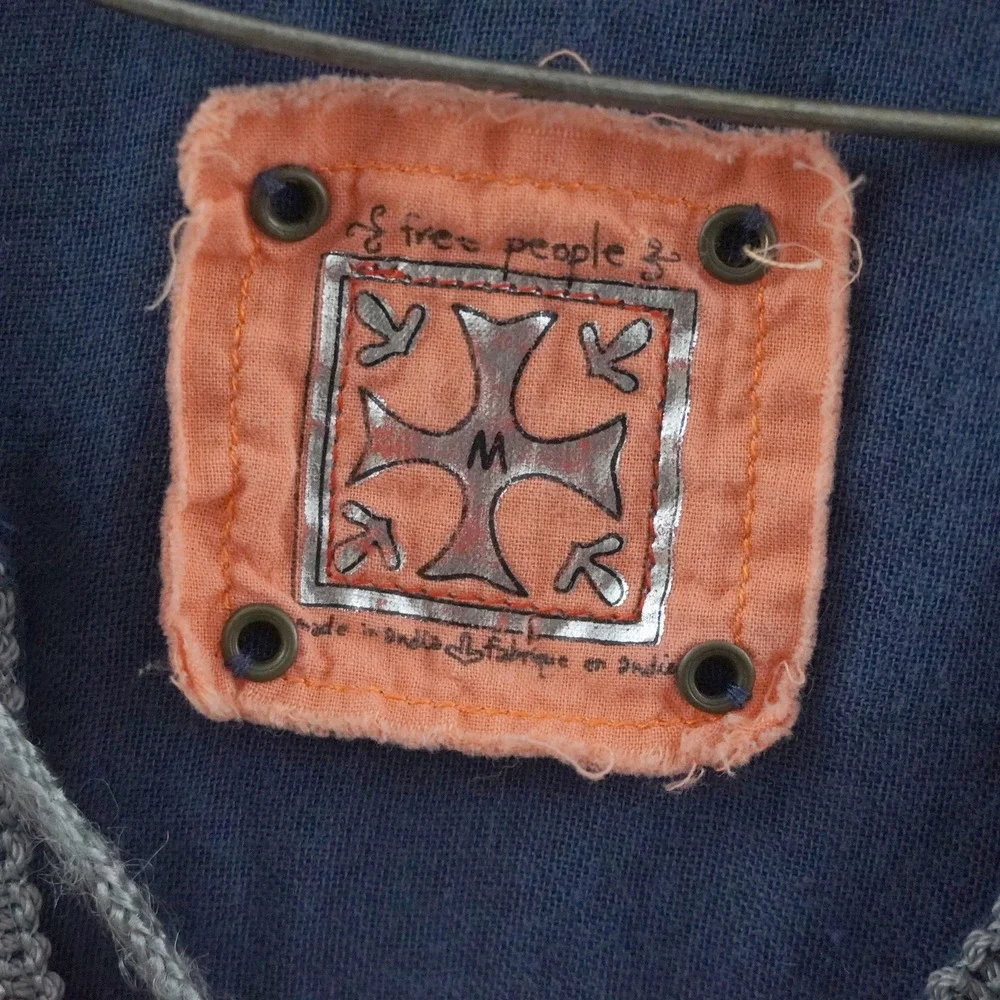 Vintage Free People Peasant Blouse Medium Blue Pink Embroidered Boho Crop Top